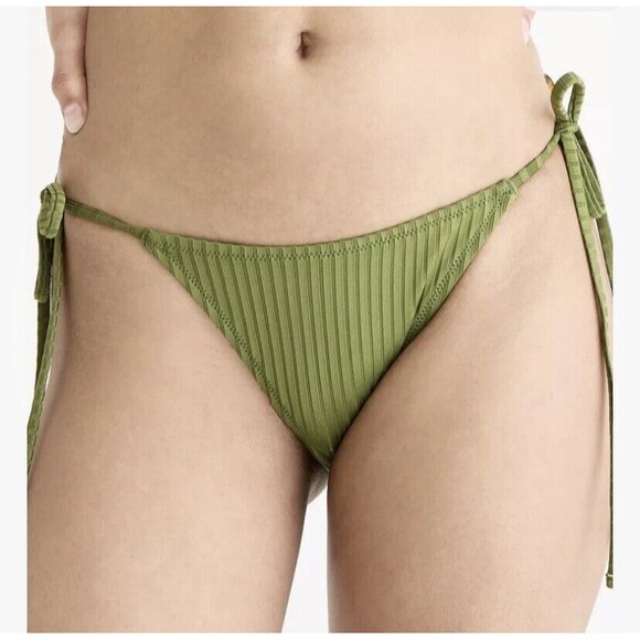 J. Crew Bikini Women Small Wide Rib Curved Waist Cheeky String Bottom Green NWT - Picture 2 of 8